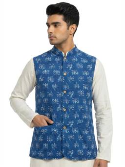 Sanman Ethnix by Raymond - Blue Mandarin Collar Print Nehru Jacket