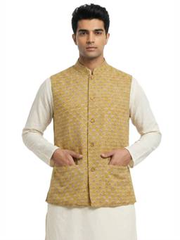Sanman Ethnix by Raymond - Yellow Mandarin Collar Print Nehru Jacket