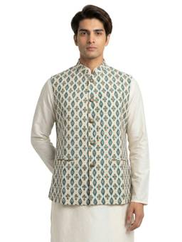 Sanman Ethnix by Raymond - Blue Mandarin Collar Print Nehru Jacket
