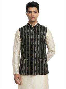 Sanman Ethnix by Raymond - Black Mandarin Collar Print Nehru Jacket