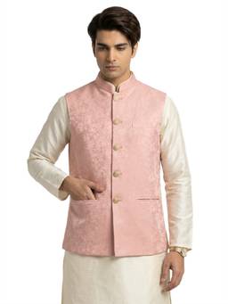 Sanman Ethnix by Raymond - Pink Mandarin Collar Jacquard Nehru Jacket