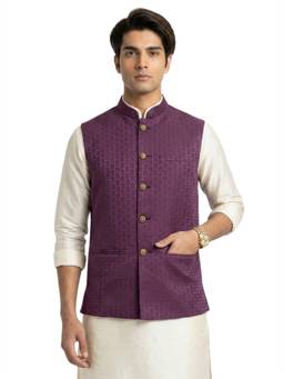 Sanman Ethnix by Raymond - Violet Mandarin Collar Jacquard Nehru Jacket