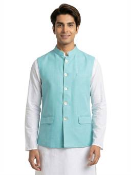Sanman Ethnix by Raymond - Blue Mandarin Collar Soild Nehru Jacket