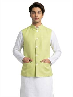 Sanman Ethnix by Raymond - Green Mandarin Collar Soild Nehru Jacket