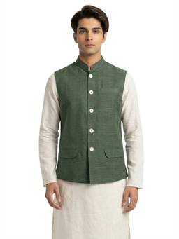Sanman Ethnix by Raymond - Green Mandarin Collar Soild Nehru Jacket