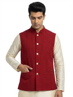 Sanman Ethnix by Raymond - Maroon Mandarin Collar Embroidery Nehru Jacket