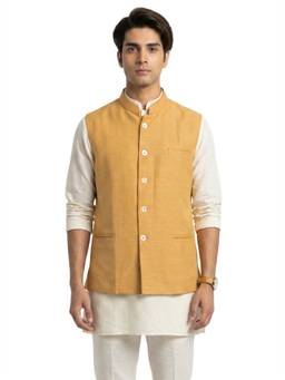 Sanman Ethnix by Raymond - Yellow Mandarin Collar Silk Look Solid Nehru Jacket