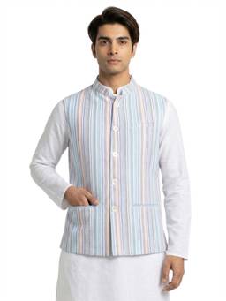 Sanman Ethnix by Raymond - Blue Mandarin Collar Print Nehru Jacket