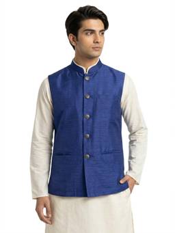 Sanman Ethnix by Raymond - Blue Mandarin Collar Solid Nehru Jacket