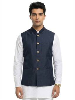 Sanman Ethnix by Raymond - Navy Blue Mandarin Collar Solid Nehru Jacket