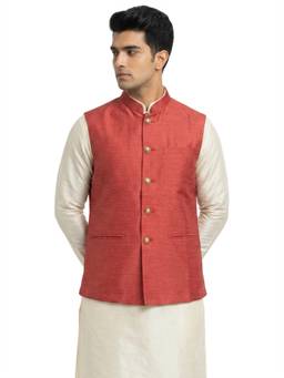 Sanman Ethnix by Raymond - Red Mandarin Collar Solid Nehru Jacket