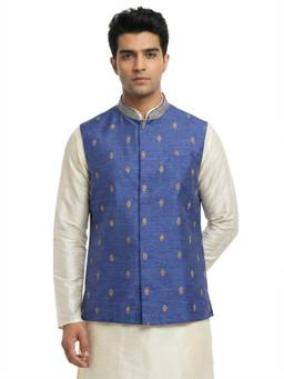 Sanman Ethnix by Raymond - Blue Mandarin Collar Silk Look Jacquard Nehru Jacket