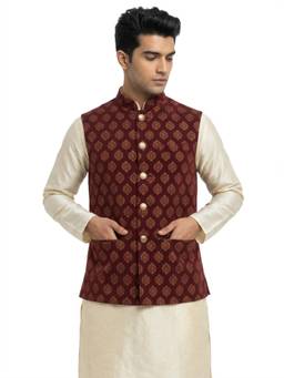 Sanman Ethnix by Raymond - Maroon Mandarin Collar Print Nehru Jacket