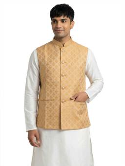 Sanman Ethnix by Raymond - Gold Mandarin Collar Jacquard Nehru Jacket