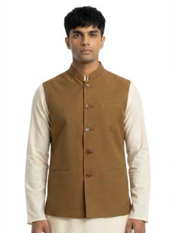 Sanman Ethnix by Raymond - Green Mandarin Collar Dobby Nehru Jacket