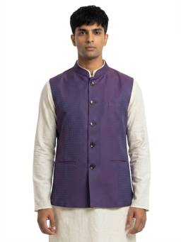 Sanman Ethnix by Raymond - Violet Mandarin Collar Dobby Nehru Jacket