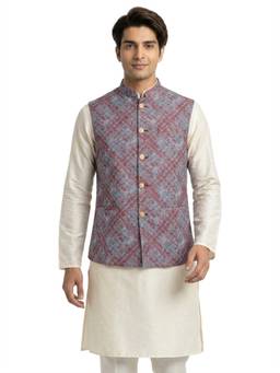 Sanman Ethnix by Raymond - Blue Mandarin Collar Jacquard Nehru Jacket