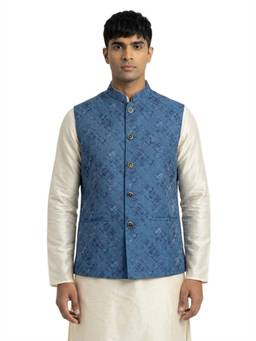 Sanman Ethnix by Raymond - Blue Mandarin Collar Jacquard Nehru Jacket