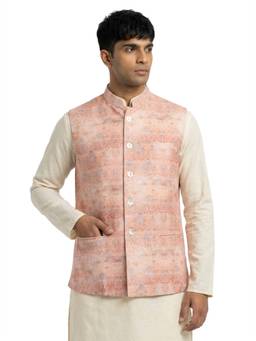 Sanman Ethnix by Raymond - Orange Mandarin Collar Jacquard Nehru Jacket