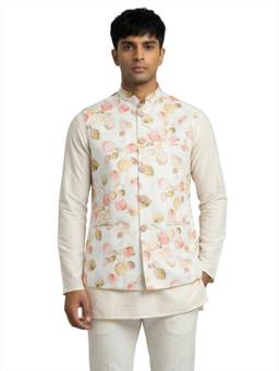 Sanman Ethnix by Raymond - Pink Mandarin Collar Jacquard Digital Print Nehru Jacket