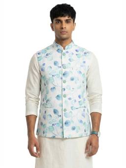 Sanman Ethnix by Raymond - Green Mandarin Collar Jacquard Digital Print Nehru Jacket