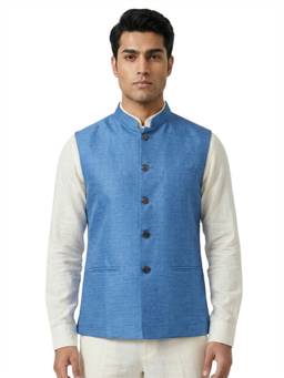 Sanman Ethnix by Raymond - Blue Mandarin Collar Silk Look Solid Nehru Jacket