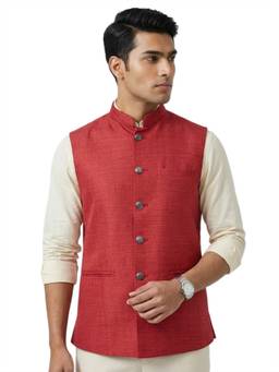 Sanman Ethnix by Raymond - Maroon Mandarin Collar Silk Look Solid Nehru Jacket