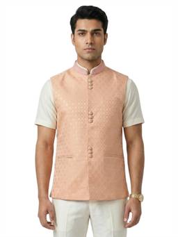 Sanman Ethnix by Raymond - Orange Mandarin Collar Jacquard Nehru Jacket