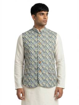 Sanman Ethnix by Raymond - Green Mandarin Collar Digital Print Nehru Jacket