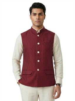 Sanman Ethnix by Raymond - Maroon Mandarin Collar Silk Look Solid Nehru Jacket