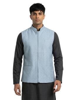 Sanman Ethnix by Raymond - Grey Mandarin Collar Embroidery Nehru Jacket