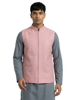 Sanman Ethnix by Raymond - Pink Mandarin Collar Embroidery Nehru Jacket
