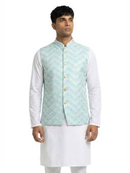 Sanman Ethnix by Raymond - Green Mandarin Collar Embroidery Placement Print Nehru Jacket