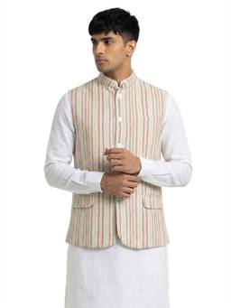 Sanman Ethnix by Raymond - Yellow Mandarin Collar Print Nehru Jacket