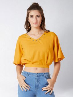 Miss Chase - Womens Yellow V-Neck Flared Sleeves Solid Eyelet Detailing Blouson Crop Top
