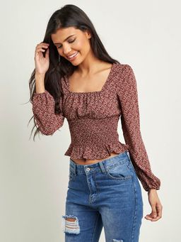 Styli - Tan Floral Print Square Neck Shirred Top