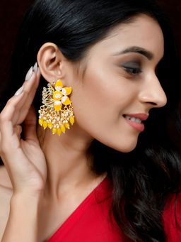 Silvermerc Designs - Gold Plated Yellow Toned Handcrafted Kundan Studded Floral Drop Earrings