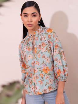 FabAlley - Blue Floral Raglan Sleeve Neck Tie Top