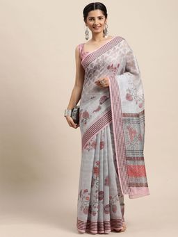 Odette - Womens Soft Silk Grey Printed Designer Saree with Unstitched Blouse