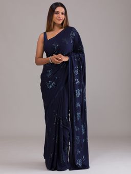 Koskii - Navy Blue Sequin Art Silk Saree With Unstitched Blouse