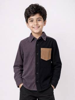 KiddoPanti - Boys Cotton Grey Colorblock Corduroy Shirt