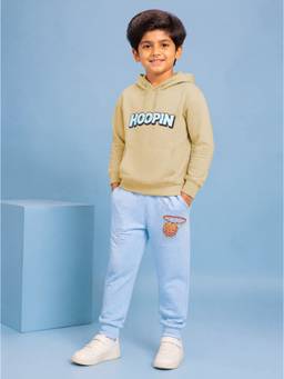 KiddoPanti - Boys Beige Graphic Printed Hoodie with Joggers