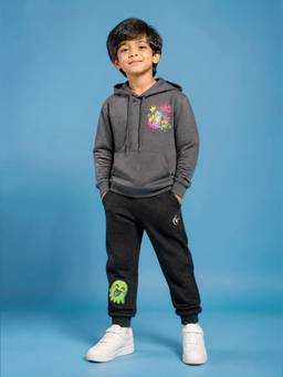 KiddoPanti - Boys Grey-Black Graphic Printed Hoodie with Joggers
