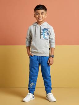 KiddoPanti - Boys Grey-Blue Graphic Printed Hoodie with Joggers