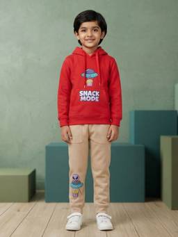 KiddoPanti - Boys Red-Beige Graphic Printed Hoodie with Joggers