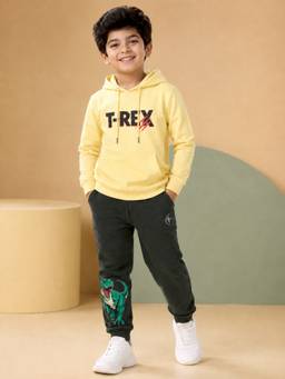 KiddoPanti - Boys Yellow Graphic Printed Hoodie with Joggers