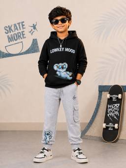 KiddoPanti - Boys Black Graphic Printed Hoodie with Joggers