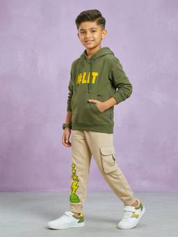 KiddoPanti - Boys Olive Graphic Printed Hoodie with Joggers