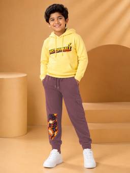 KiddoPanti - Boys Yellow Graphic Printed Hoodie with Joggers