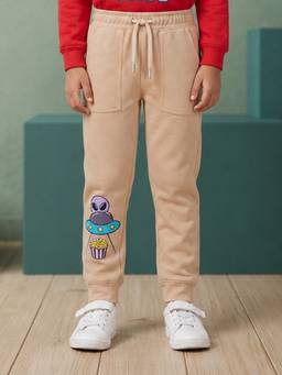 KiddoPanti - Boys Beige Popcorn Graphic Printed Joggers